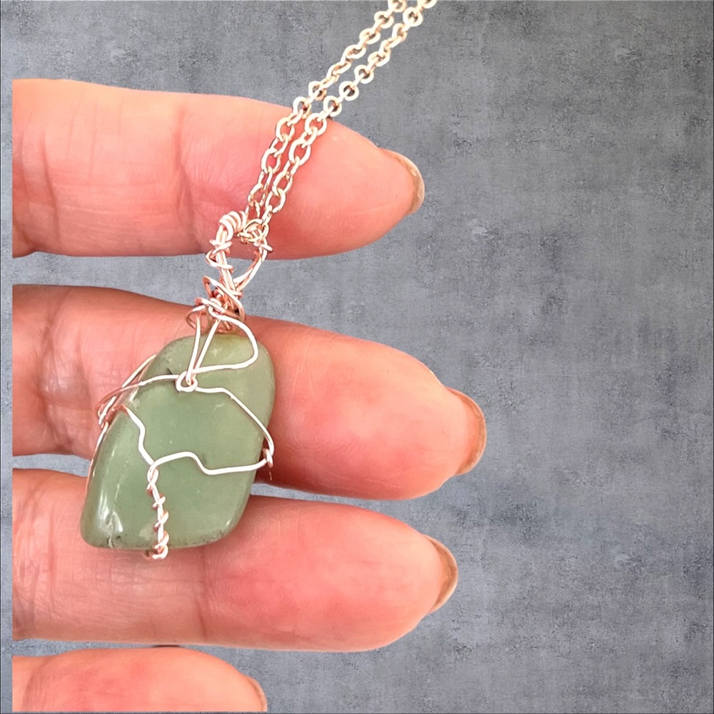 Rose gold plated wire wrapped natural green stone pendant